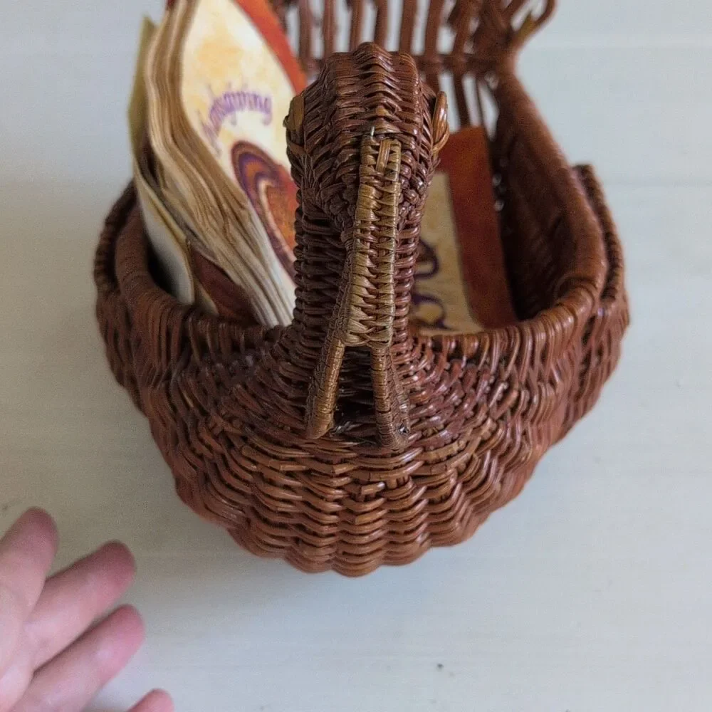 VTG Wicker Turkey Napkin Basket Holder, Woven, Handle, Thanksgiving Theme